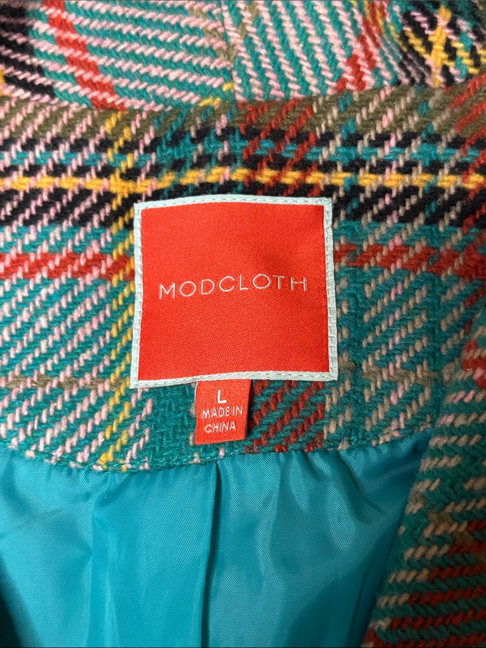 Modcloth Plaid Teal, Brown and Cream Plaid Vintage Style Wool Blend Vest Size L - Picture 2 of 10